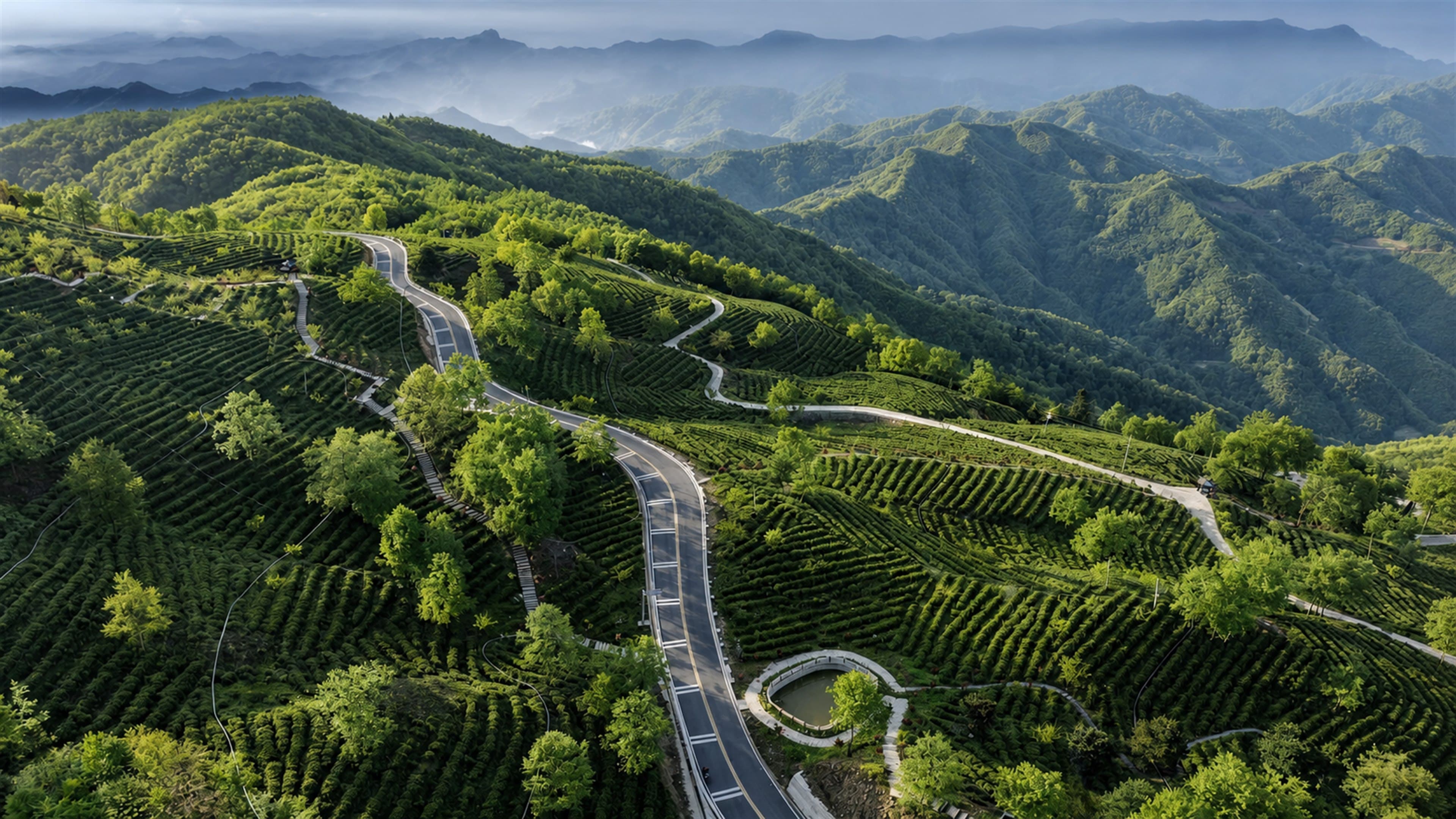 Aerial view of Qingchuan mountain tea gardens and winding roads in Sichuan